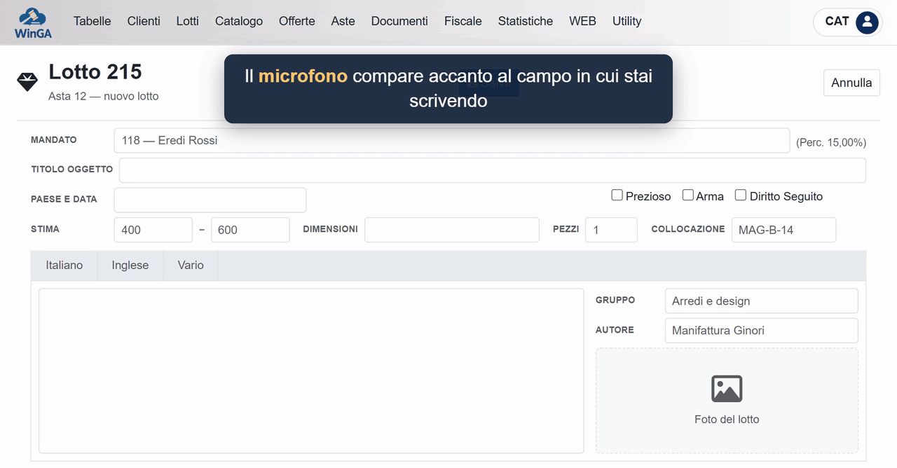 Scheda di un lotto in winga.cloud: si preme il microfono accanto al titolo e il testo detto a voce compare nel campo