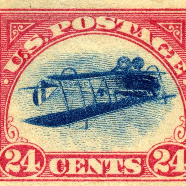 Francobollo americano da 24 centesimi del 1918 con l'aereo stampato capovolto (Jenny capovolto)