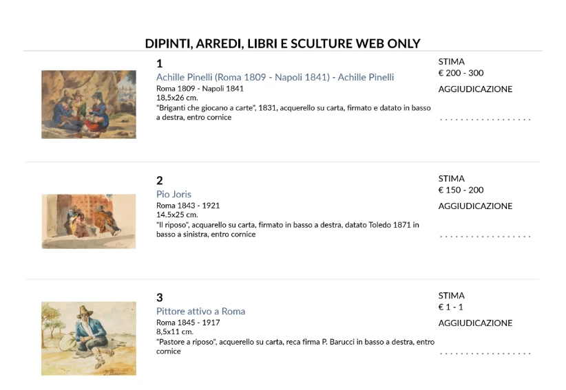 Pagina di catalogo di winga.cloud: per ogni lotto foto, autore, misure, descrizione e stima