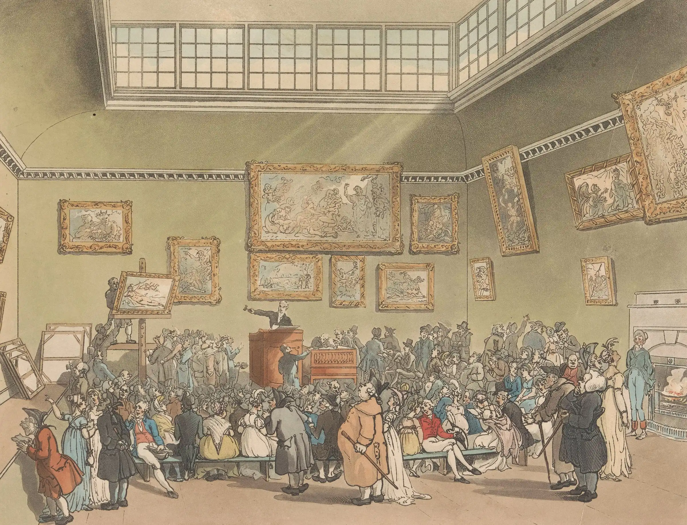 La sala d’aste di Christie’s a Londra nel 1808, affollata intorno al banditore